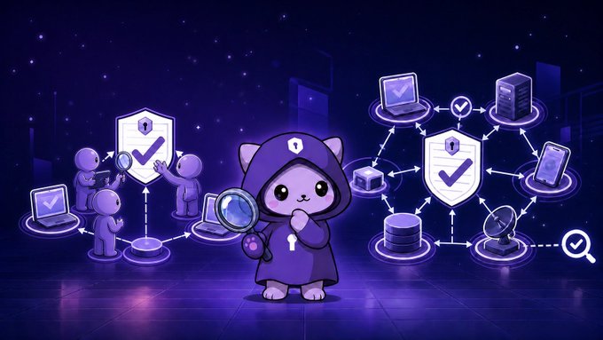 A cute purple cat character dressed in a detective outfit holds a magnifying glass while surrounded by interconnected security icons, shields with checkmarks, laptops, servers, and nodes — visually representing the contrast between centralized "trust us" verification (Protocol A) and decentralized, transparent verification (Protocol B) where anyone can independently re-run the check.