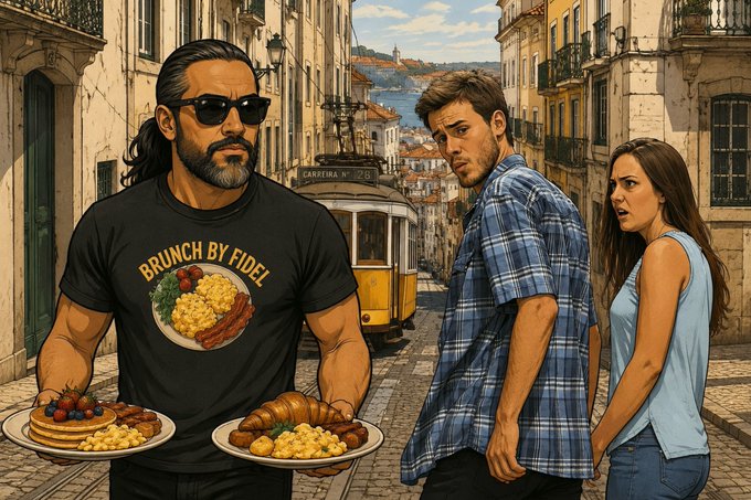The image features a man wearing sunglasses, holding plates of food, including croissants and fruit, while standing next to a woman who appears to be looking at him with an expression of annoyance or disapproval. The scene takes place in front of a building, possibly a restaurant or cafe, suggesting that the man is offering his food for sale.