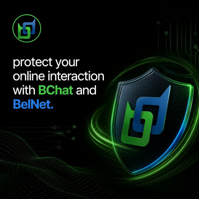 A dark promotional graphic with a glowing shield logo and text reading 'protect your online interaction with BChat and BelNet.'