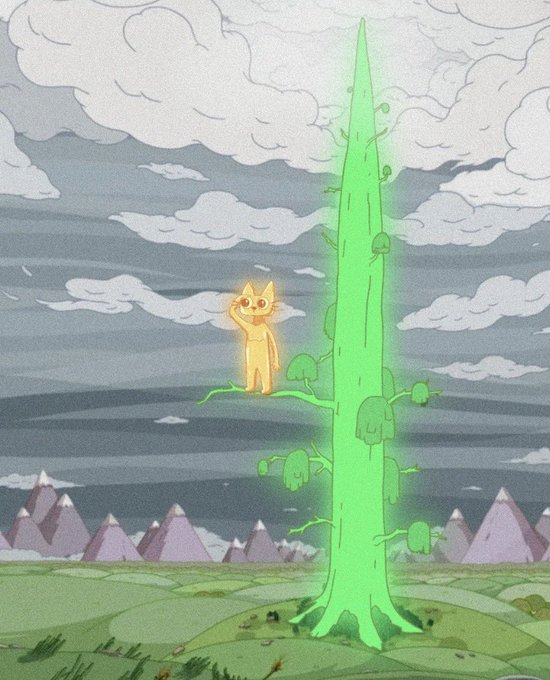 A glowing orange cat perches on a massive neon-green tree that towers above the landscape, mirroring the post’s metaphor of one meme token ($CETS) emerging as a standout "runner" amid more established giants like $BNB.