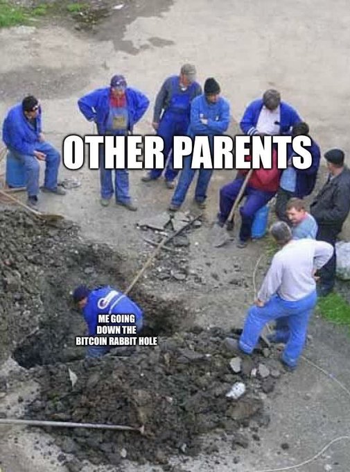 A meme image showing a group of people in blue overalls gathered around a deep hole in the ground, labeled 'OTHER PARENTS' watching over 'ME GOING DOWN THE BITCOIN RABBIT HOLE.'