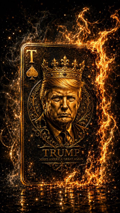 A playing card featuring a crowned Donald Trump with the text 'TRUMP' and 'MAKE AMERICA GREAT AGAIN,' surrounded by flames and embers on a dark background.