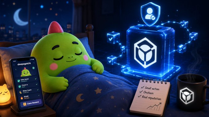 A cute green dinosaur plush character sleeping in bed with a 'sleepagotchi' app on a phone, alongside a glowing blue BNB cube shield icon representing security rewards and onchain reputation.