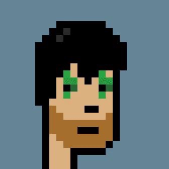 A pixel art portrait of a character with dark hair, orange-tinted skin, and green pixelated eyes, shown in profile against a solid blue background.