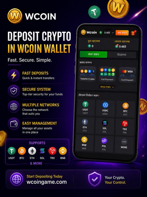 The image features a cell phone displaying an advertisement for a cryptocurrency wallet service called Wcoin. The phone's screen shows various options for depositing and managing digital currency, including Bitcoin and Ethereum. The text on the screen highlights that the wallet supports multiple deposit methods such as usdt, usdc, btc, eth, sol, trx, bnb, arb, pol, and more. Additionally, it mentions that users can transfer their cryptocurrency to another wallet or use the service for payment purposes.