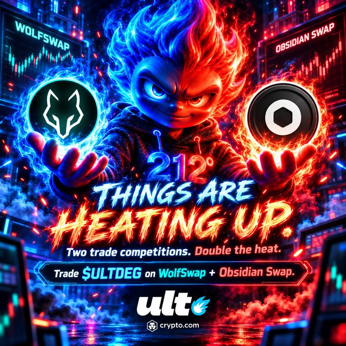 A promotional graphic for a crypto trading competition featuring a cartoon character with fire and ice, displaying '212% THINGS ARE HEATING UP. Two trade competitions. Double the heat.' and instructing users to 'Trade $ULTDEG on WolfSwap + Obsidian Swap.' with logos for ulf and crypto.com.