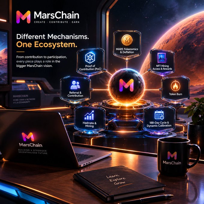 A promotional graphic for MarsChain featuring the tagline 'Different Mechanisms. One Ecosystem.' alongside icons for Proof of Contribution (PoC), MARS Tokenomics & Deflation, Referral & Contribution, NFT Mining Access & Rewards, Token Burn, Hashrate & Mining, and an 188-Day Cycle & Dynamic Calibration, displayed on a laptop screen with a MarsChain mug and 'Learn Explore Grow' notebook in the foreground.
