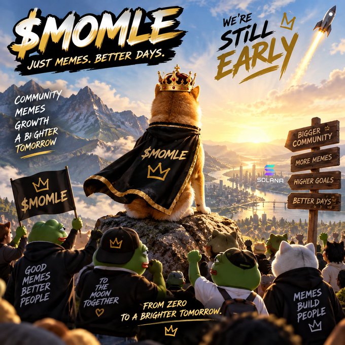 A meme-themed promotional graphic titled "$MOMLE - JUST MEMES. BETTER DAYS." featuring a crowned Shiba Inu in a royal cape standing on a cliff overlooking a city, with followers wearing "Good Memes Better People" shirts and signposts pointing toward "Bigger Community," "More Memes," "Higher Goals," and "Better Days" alongside Solana branding.