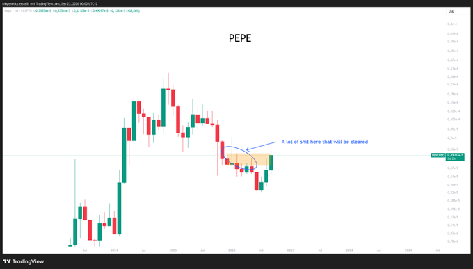 A TradingView chart of $PEPE/USD on Coinbase displays weekly candlesticks with a downward price trend, highlighting a congested zone of overhead resistance labeled "A lot of shit here that will be cleared," which aligns with the post's message that the bearish "shit" on the chart has been cleared as PEPE rebounds from the lows near 0.0000089.