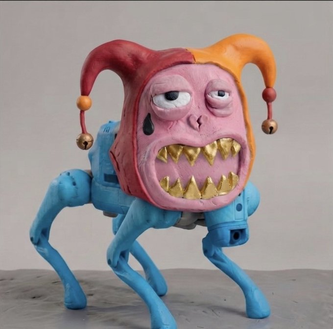 A sculpture of a pink and orange jester-faced creature with sharp golden teeth, bell-tipped hat, and a blue mechanical spider-like body.