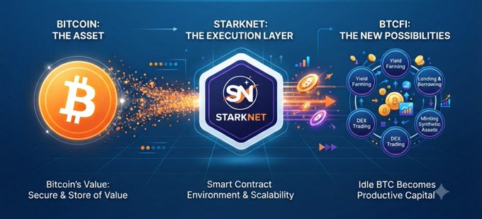 An infographic titled "BITCOIN: THE ASSET" flowing into "STARKNET: THE EXECUTION LAYER" and "BTCFI: THE NEW POSSIBILITIES," showing features like Yield Farming, Lending & Borrowing, DEX Trading, and Mining Synthetic Assets.