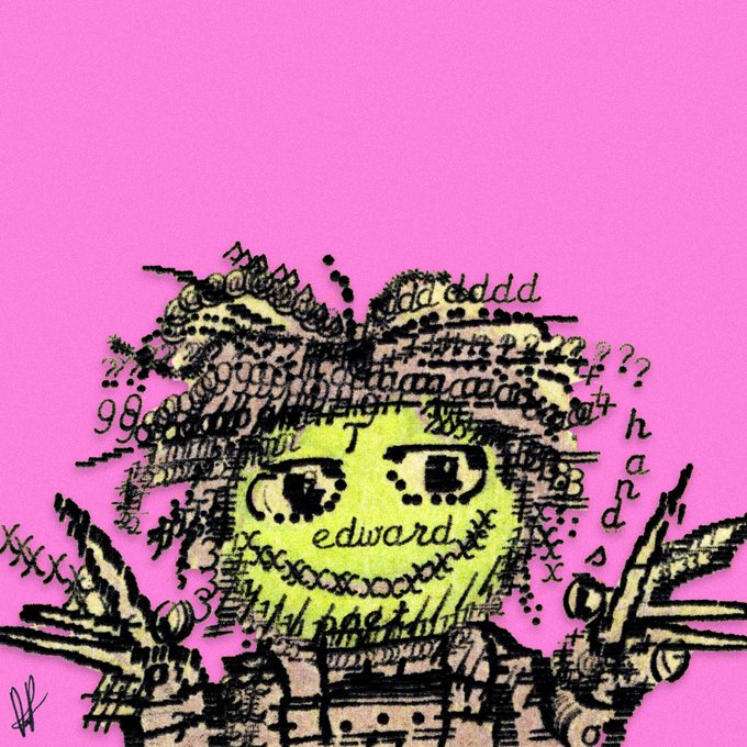 An artistic black and neon-green illustration on a pink background features a character covered in scribbled text and symbols, with the word 'edward' visible.