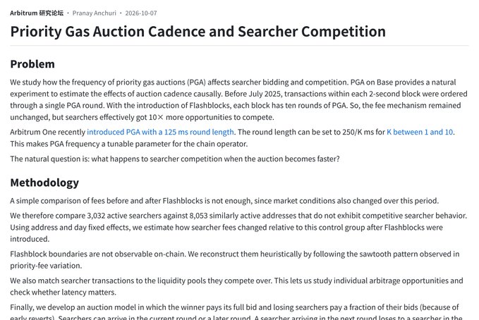 An Arbitrum Research Forum post by Pranay Anchuri dated 2026-10-07 titled 'Priority Gas Auction Cadence and Searcher Competition', outlining a study on how Flashblocks and a new 125 ms PGA frequency affect MEV searcher bidding.