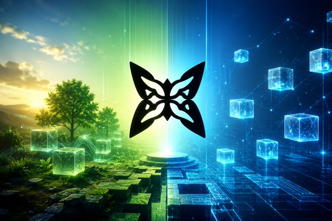 The image depicts a futuristic city with various technology-based elements, including many blue cubes floating around the space above the scene. The center of the image features a black butterfly symbol, possibly an important design element that connects different aspects of this technological world. The photo's focus is on the butterfly and its surroundings, emphasizing the interconnectedness between nature and modern advancements in infrastructure.