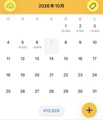 A mobile app calendar interface showing October 2026 (2026年10月) with financial entries tracked in yen, displaying a total of ¥12,020.