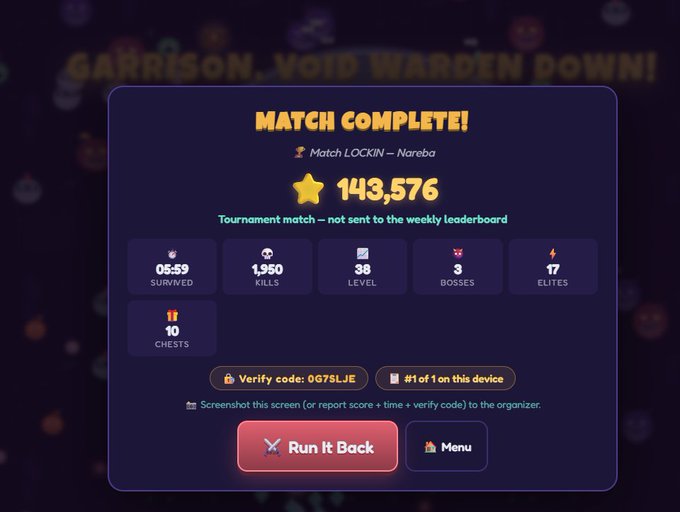 A 'MATCH COMPLETE!' screen showing a score of 143,576 for a 'LOCKIN - Nareba' tournament match, with stats including 1,950 kills, 38 level, 3 bosses, 17 elites, and 10 chests.