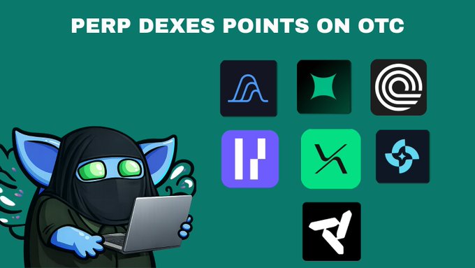 This image displays the logos of various perpetual decentralized exchanges (Perp DEXes) and is captioned "PERP DEXES POINTS ON OTC." The logos represent platforms like Variational, Extended, Perpltrade, OndoPerps, RiseX, Pacifica, and NadoHQ, whose points pricing is detailed in the accompanying post.