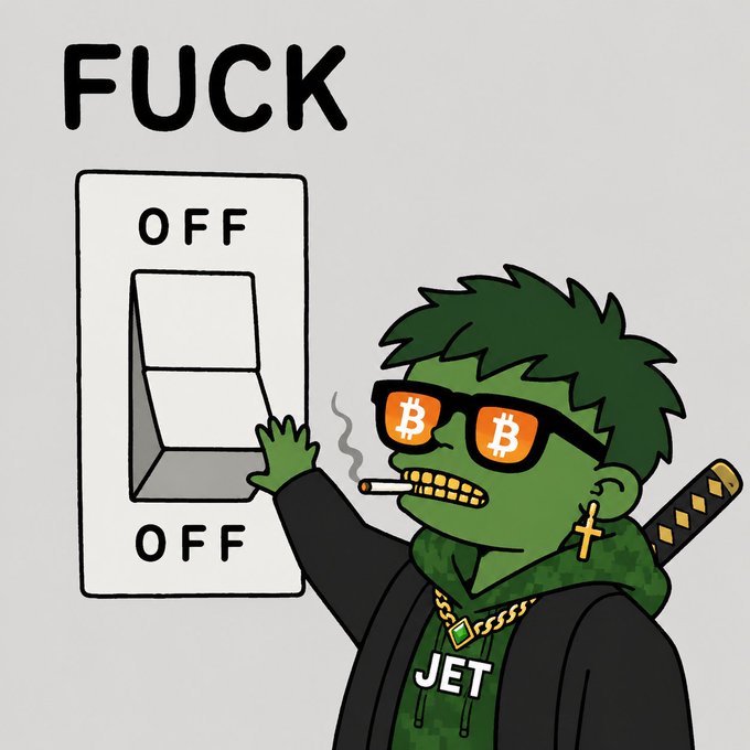 A cartoon illustration of a green-skinned character wearing Bitcoin-logo sunglasses, smoking a cigarette, and pressing a light switch labeled 'OFF' beneath the word 'FUCK', with 'JET' on the hoodie.