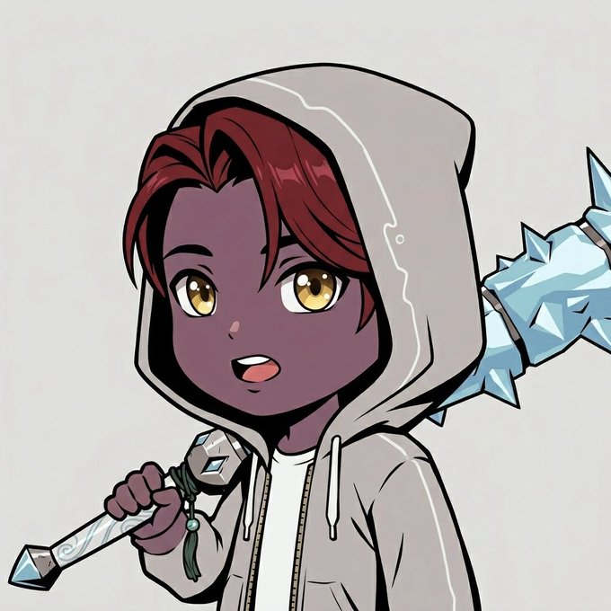 An anime-style illustration of a character with dark skin, red hair, and golden eyes wearing a gray hoodie and carrying an ice-themed weapon over their shoulder.
