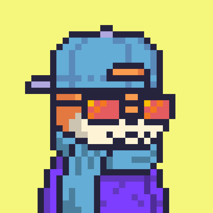 A pixel art fox character in blue and purple hues with orange and cream details, corresponding to the Fox #6948 NFT from the FamousFoxFed collection listed for 1.21 SOL on Magic Eden.