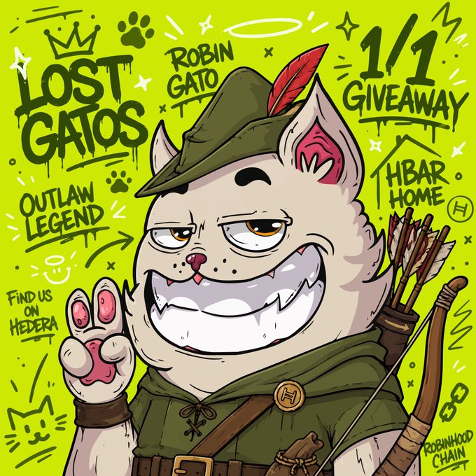 A vibrant green promotional graphic advertises "LOST GATOS" and "ROBIN GATO 1/1 GIVEAWAY" on Hedera (HBAR HOME, find us on Hedera, Robinhood Chain).