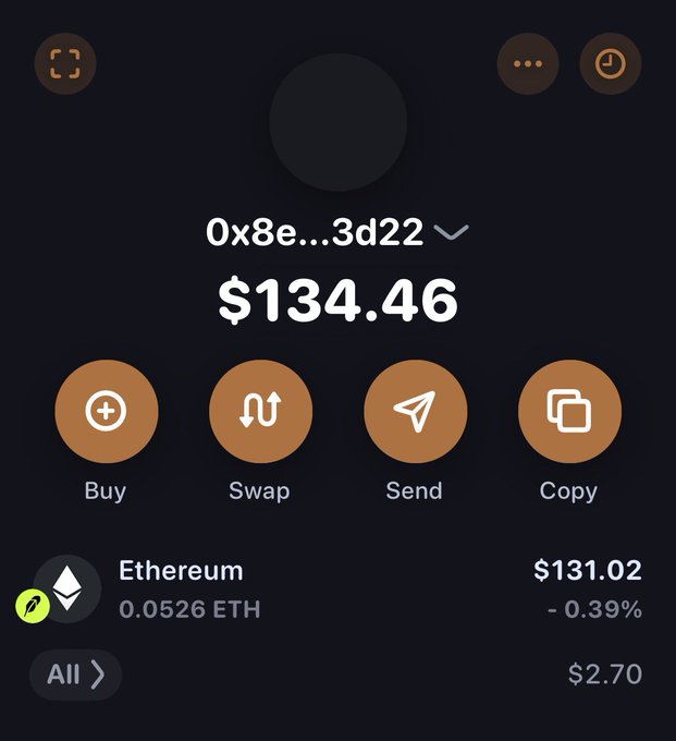 A crypto wallet app interface showing a balance of $134.46 for address '0x8e...3d22', with a holding of 0.0526 Ethereum ($131.02) and action buttons for Buy, Swap, Send, and Copy.