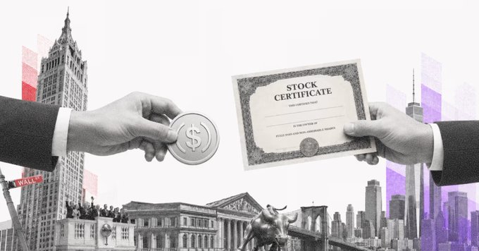 Two hands in black sleeves exchange a coin with a dollar sign and a stock certificate, set against a black-and-white cityscape with purple and red accents.