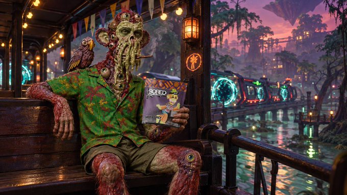 A 3D rendered monstrous creature with tentacled face and bloody skin sits on a bench reading a 'JACKED' magazine, accompanied by a parrot, with a vibrant cyberpunk bayou city in the background.