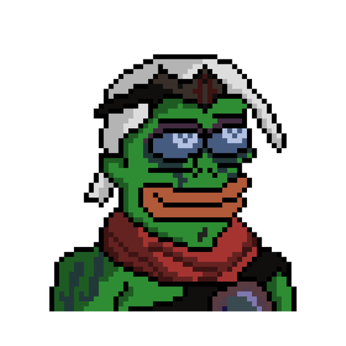 A pixel art portrait of a green-skinned character wearing dark sunglasses, a white cap, and a red scarf.