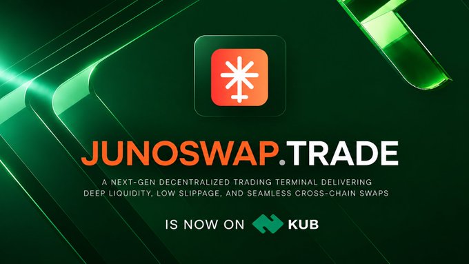 A promotional graphic announcing 'JUNOSWAP.TRADE' as a 'NEXT-GEN DECENTRALIZED TRADING TERMINAL' now available on KUB exchange.