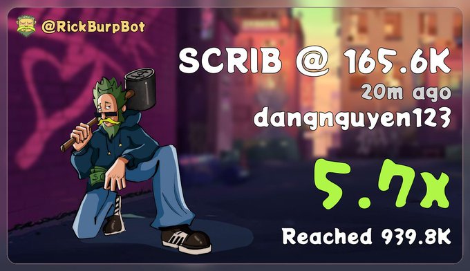 An animated graphic featuring a character with a hammer, displaying '@RickBurpBot', 'SCRIB @ 165.6K', '20m ago dangnguyen123', '5.7x', and 'Reached 939.8K'.