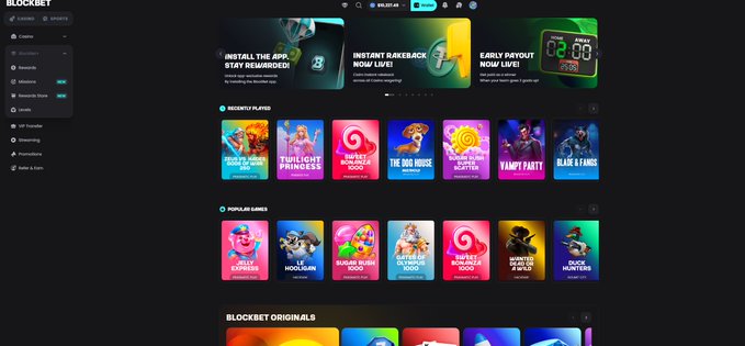 The image shows the Blockbet gaming platform homepage featuring promotional banners, game thumbnails, and a sidebar menu. It relates to the post by displaying a gambling/betting website where the user likely lost their $100k, with Blockbet's casino games being the platform where this loss occurred.