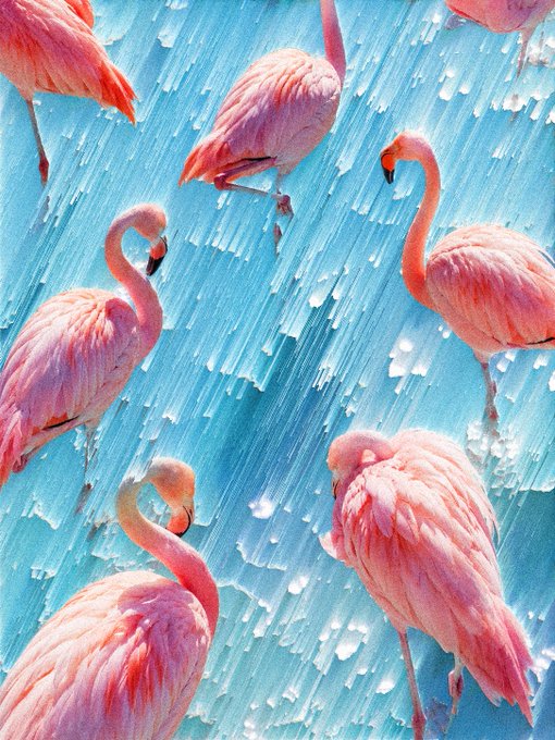 An illustration of pink flamingos wading in blue water.