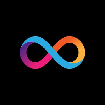 The image displays an infinity symbol with a vibrant gradient transitioning from purple to blue to orange, set against a black background. This looping design visually represents the concept of "compounding" mentioned in the post about $ICP's 296 billion cumulative transactions, symbolizing the endless, ongoing growth and sustained activity of the network.