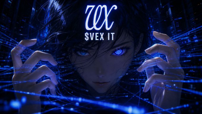 Stylized anime-style character with glowing blue eyes and hands manipulating digital data streams, overlaid with the text "VEX $VEX IT," visually promoting the ProjectVEX AI integration with Relay Protocol as a unified agentic gateway for Robinhood Chain.