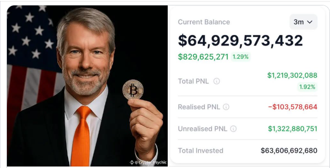 A composite image showing a man in a suit holding a Bitcoin coin in front of a US flag, paired with crypto portfolio statistics showing a Current Balance of $64,929,573,432 with a 1.29% gain.