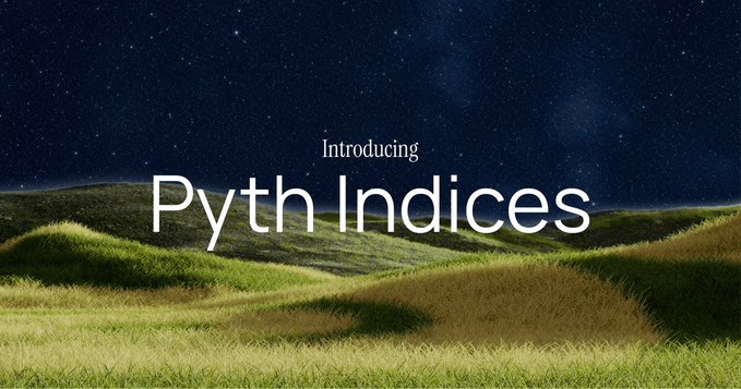 This image features a picture of an open field under a starry sky with green and brown hues representing the grassy terrain dotted with hills. The background depicts a night-time sky, adding depth and contrast to the scene. A text overlay that reads "Introducing Pyth Indices" is present within this backdrop. This text might be related to the concept of Pyth Indices or could be part of an advertisement or promotional piece for a new platform or resource aiming to capture attention in a visually appealing way by connecting it to something familiar, like nature and stars at night time.