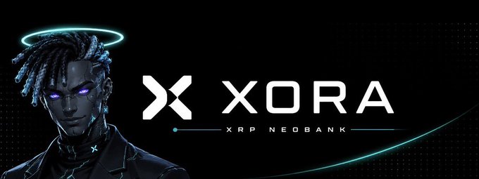 A logo for 'XORA - XRP NEOBANK' is displayed next to a 3D-rendered figure with dreadlocks, glowing purple eyes, and a neon halo.