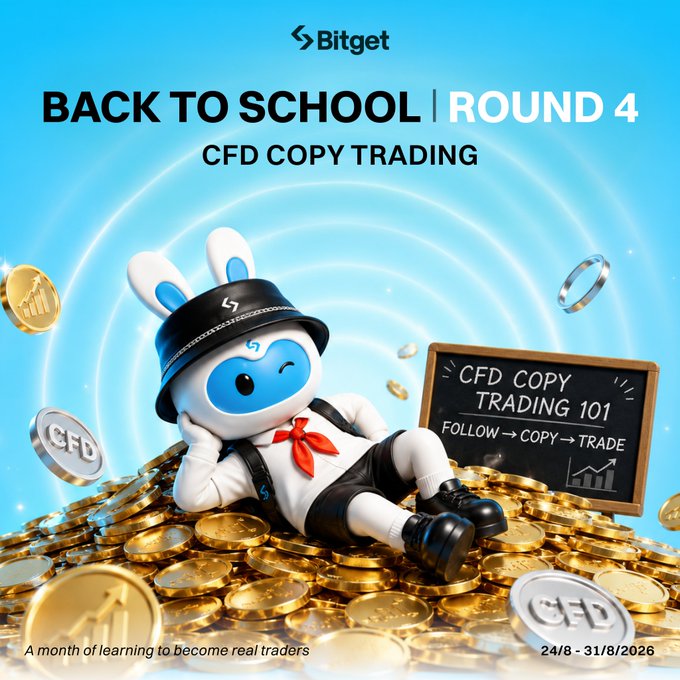 A promotional advertisement for Bitget's 'Back to School | Round 4 CFD Copy Trading' campaign, featuring a cartoon bunny mascot sitting on a pile of gold coins next to a chalkboard reading 'CFD COPY TRADING 101 - FOLLOW → COPY → TRADE', with dates 24/8 - 31/8/2026.