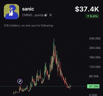 A cryptocurrency price chart for the token 'sanic' (CMND...pump) showing a value of $37.4K with a 5.4% gain, 316 holders, and a candlestick graph displaying a significant price peak followed by a decline to 37.35k.