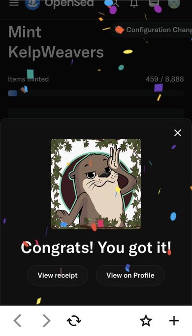 A celebratory screenshot showing a successful mint of a cartoon otter NFT (459/8,888 items minted) from the "KelpWeavers" collection on Opensea, with confetti animation and options to "View receipt" or "View on Profile," matching the user's excitement about acquiring the NFT.