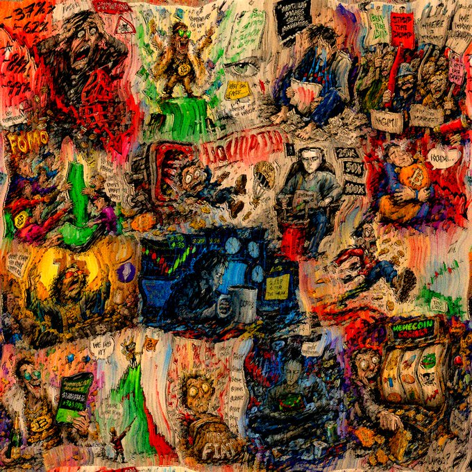 A chaotic and densely packed mixed-media artwork features numerous figures, text snippets including 'FOMO' and 'ROFL', and various symbolic imagery rendered in expressive brushstrokes.