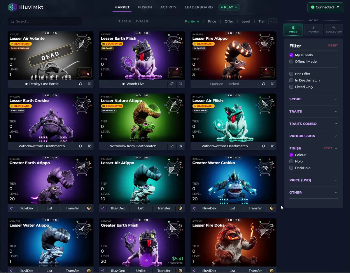 The image shows a computer screen displaying a website with a grid of different video game characters displayed against a dark blue background. There are multiple options for gameplay, such as a multiplayer mode called "IlluviMkt", which can be used to deposit or withdraw illuminates from battle queues. Players can also watch the current battle and record the battle's outcome in their accounts. The website is set to launch later this week on July 11th. Additionally, there are a few other posts visible that discuss integration updates for the game and how it relates to an update post titled "IlluviMkt Update More Ilur".