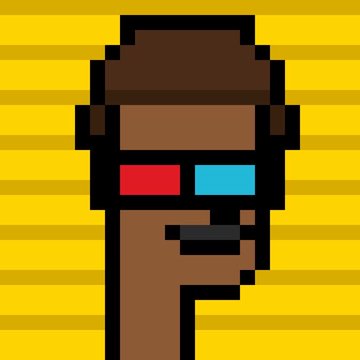 An 8-bit pixel art illustration of a brown-skinned man with a beard wearing red and blue 3D glasses against a yellow striped background.