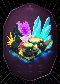 An illustration of an isometric scene featuring colorful crystals, rocks, and a small cave on a floating island platform.