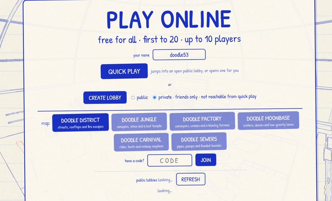 The image shows a "PLAY ONLINE" interface for the game Doodle, allowing up to 10 players to join multiplayer lobbies across various themed maps including Doodle District, Jungle, Factory, Moonbase, Carnival, and Sewers, with options for quick play, creating a lobby, or joining via code. The username "doodle53" is entered, and the screen relates to the post by highlighting the game's online multiplayer feature and supporting the $DOODLE token's connection to the playable game.