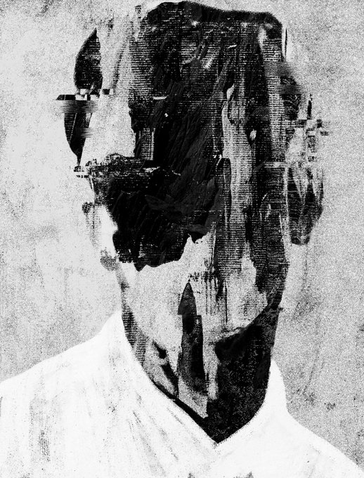 A black and white artwork depicts a heavily textured, abstract face of a person.