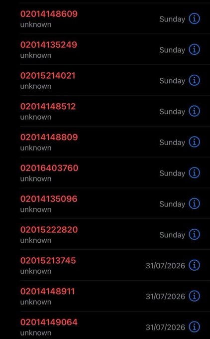 A list of unidentified phone numbers in red text on a black background, each labeled 'unknown' with timestamps indicating Sunday or 31/07/2026.
