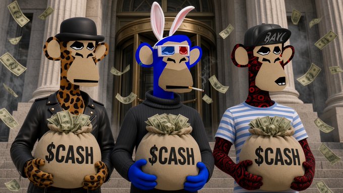 Three Bored Ape-style NFT characters holding bags labeled '$CASH' in front of a classical building with money raining down.