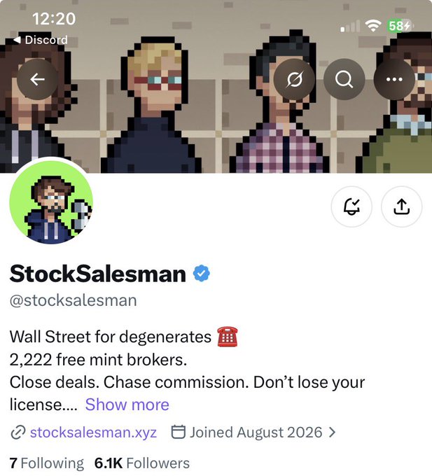 A X/Twitter profile page for 'StockSalesman' (@stocksalesman), a verified account describing itself as 'Wall Street for degenerates' with '2,222 free mint brokers', joined August 2026.